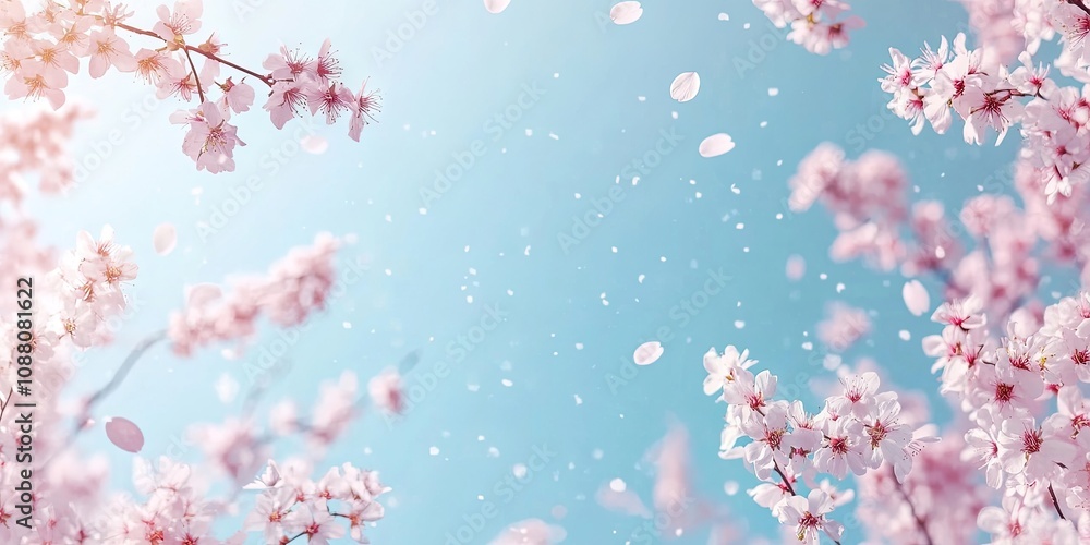 Beautiful blue and pink backdrop featuring spring blossom branches, top view, flat lay, frame. A creative springtime design, banner, or template. Beautiful blue and pink backdrop featuring spring blossom branches, top view, flat lay, frame. A creative springtime design, banner, or template.