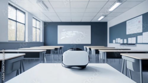 A cutting-edge AI-powered virtual reality (VR) educational platform, modern classroom with immersive VR tools for interactive and engaging learning experiences, Education style