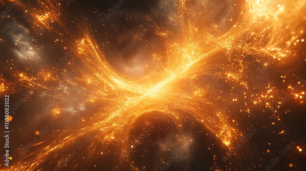 Fototapeta premium Abstract fiery cosmic nebula with swirling golden energy and particles.