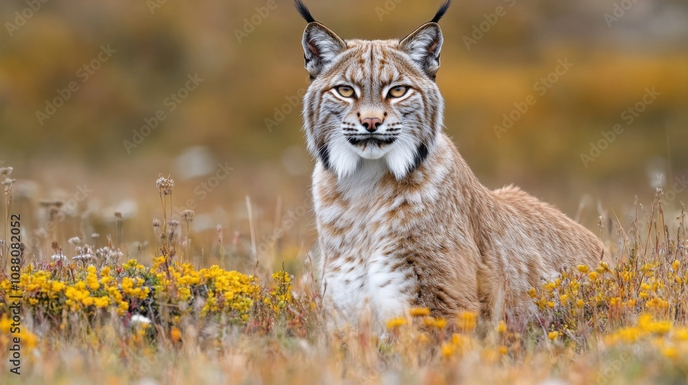 Obraz premium An Iberian lynx resting calmly in a meadow filled with wildflowers, surrounded by vibrant colors and natural tranquility.