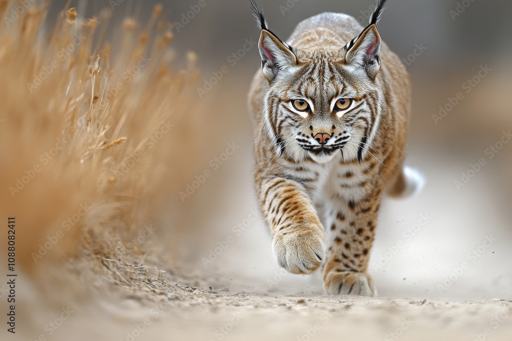 An Iberian lynx running swiftly along a dirt path surrounded by dry vegetation, highlighting its agility, spotted coat, and intense expression in a wild environment.
An Iberian lynx running swiftly along a dirt path surrounded by dry vegetation, highlighting its agility, spotted coat, and intense expression in a wild environment.