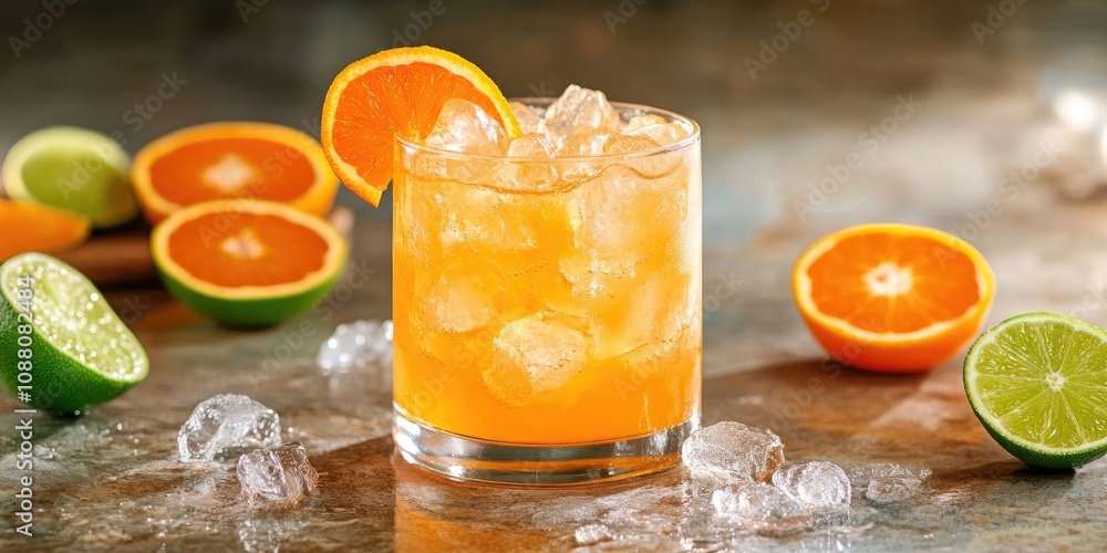 A horizontal image of a cocktail glass containing an orange alcoholic beverage, garnished with tangerine, lime, and ice. A horizontal image of a cocktail glass containing an orange alcoholic beverage, garnished with tangerine, lime, and ice.