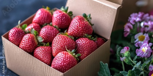 Valentine's Day backdrop. A box of fresh strawberries shaped like hearts accompanied by flowers. photo