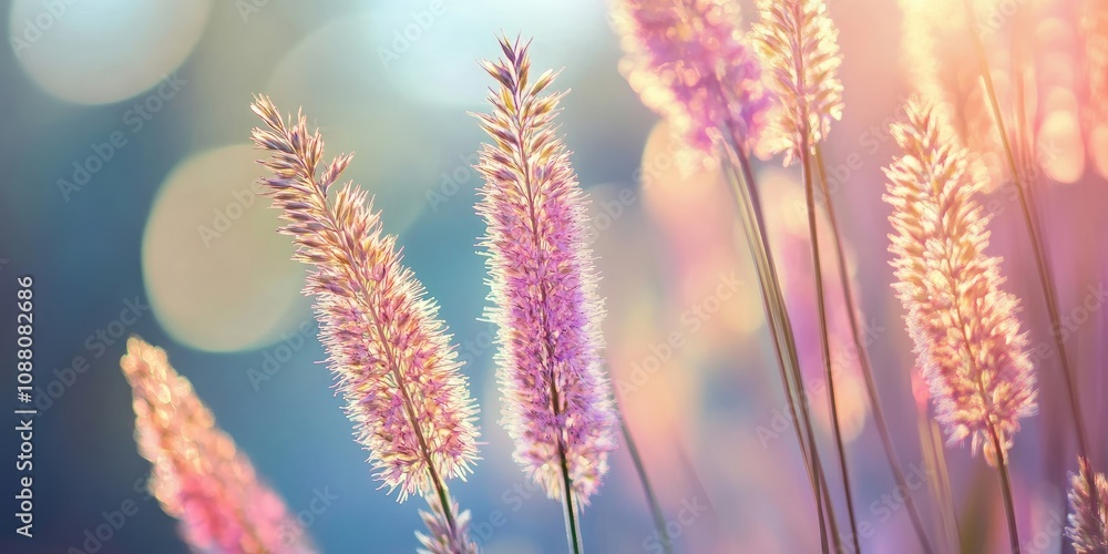 Obraz premium Sunlit grass flowers in the garden. Copy Space