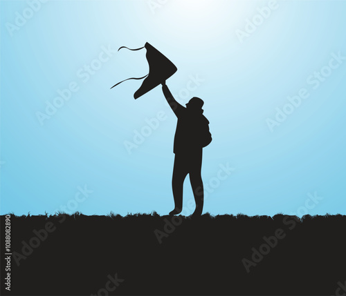  vector hand drawn person flying kite silhouette set