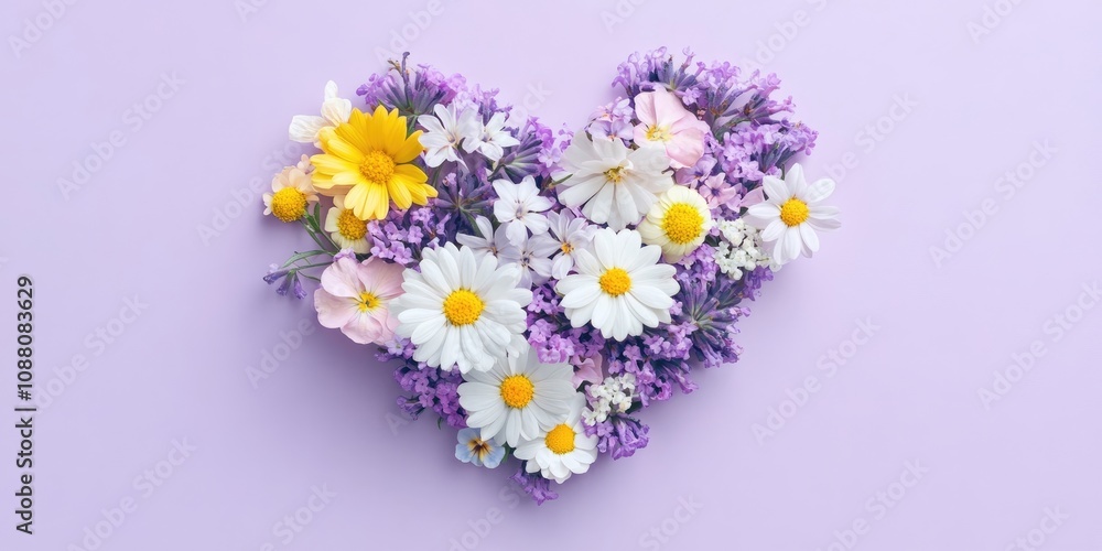 Simple arrangement of flowers arranged in a heart shape on a lavender background. Minimalist nature or Women's Day theme.