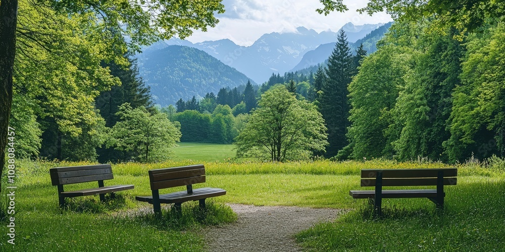 A landscape view of a serene resting spot featuring benches in a park within the low Alps mountains. A landscape view of a serene resting spot featuring benches in a park within the low Alps mountains.