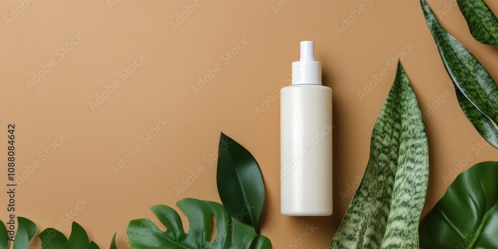 White plastic mockup empty bottle for cosmetics with sansevieria leaves, brown background copyspace top view. White plastic mockup empty bottle for cosmetics with sansevieria leaves, brown background copyspace top view.
