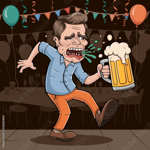 Drunk man holding beer mug at a lively party