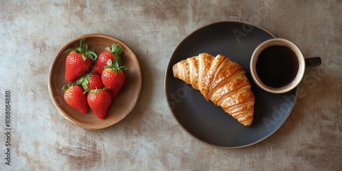 Wallpaper Mural Top View of Croissant, Strawberry, and Coffee Torontodigital.ca