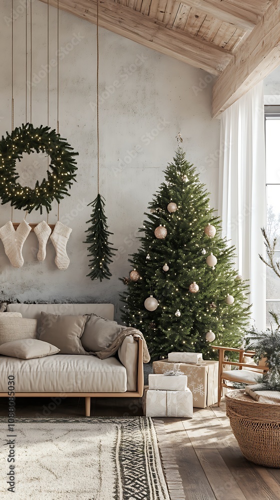 Scandinavian-style living room with minimalist Christmas tree and cozy festive decorations Scandinavian-style living room with minimalist Christmas tree and cozy festive decorations