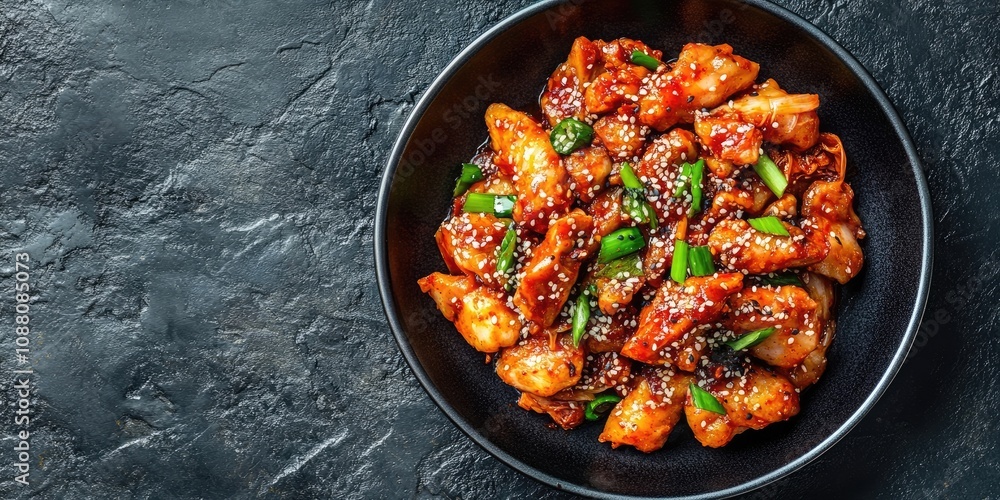 Fried pork accompanied by kimchi. Korean cuisine style. Top view with copy space. Fried pork accompanied by kimchi. Korean cuisine style. Top view with copy space.