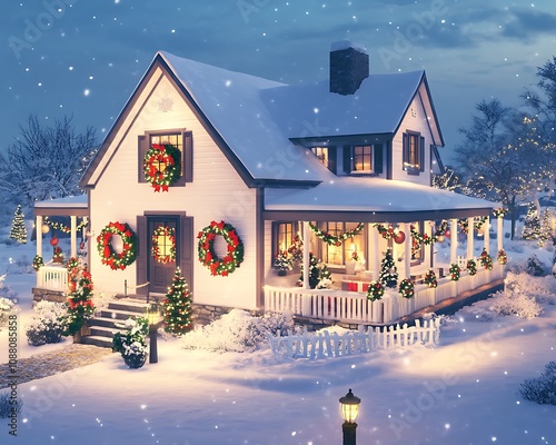 Snowy farmhouse with warm holiday lights, wreaths, and festive outdoor decor