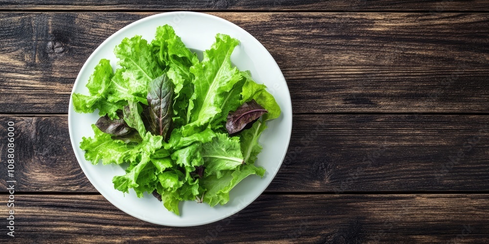 Fresh lettuce leaves in a white plate on a wooden table background. Top view. Copy space. Fresh lettuce leaves in a white plate on a wooden table background. Top view. Copy space.