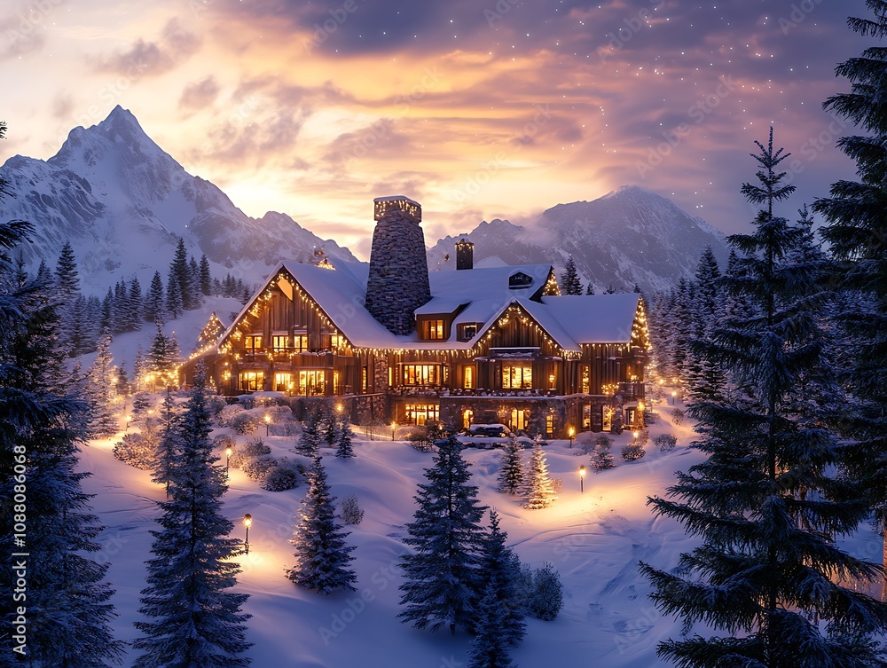 Fototapeta premium Snowy mountain lodge surrounded by pine trees, glowing lights, and holiday warmth