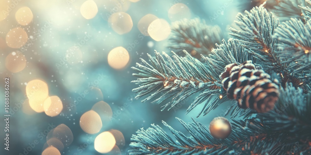 Close-up of a pine branch adorned with decorations. Background for Christmas and New Year holidays. Vintage color tone. Copyspace for your text. Close-up of a pine branch adorned with decorations. Background for Christmas and New Year holidays. Vintage color tone. Copyspace for your text.