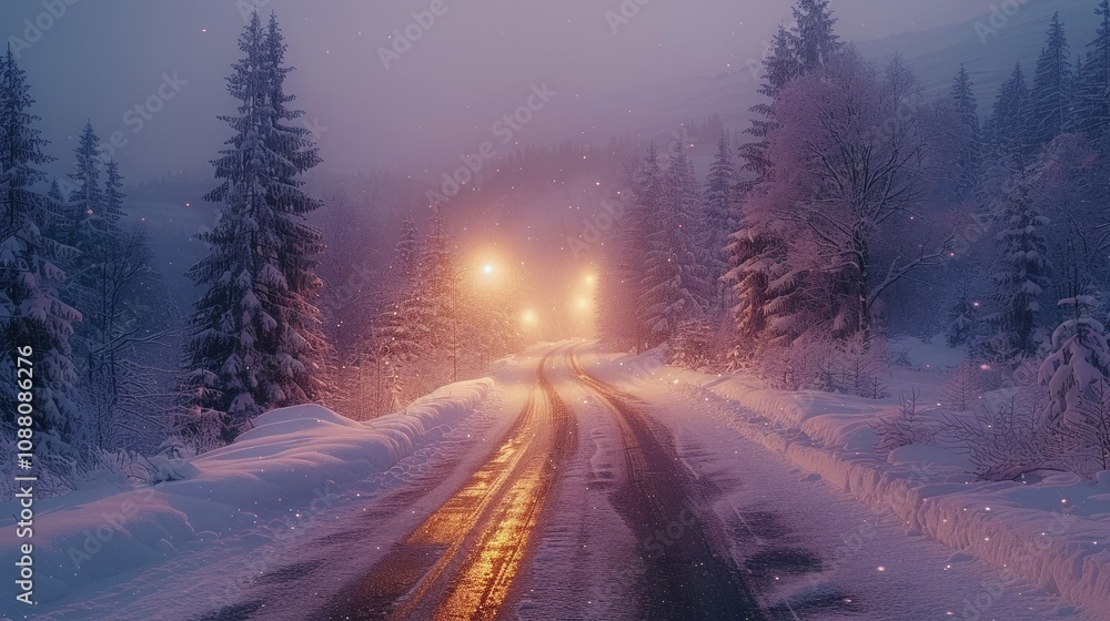 Snow-covered road winding through a magical winter forest at night, illuminated by warm streetlights. Snow-covered road winding through a magical winter forest at night, illuminated by warm streetlights.