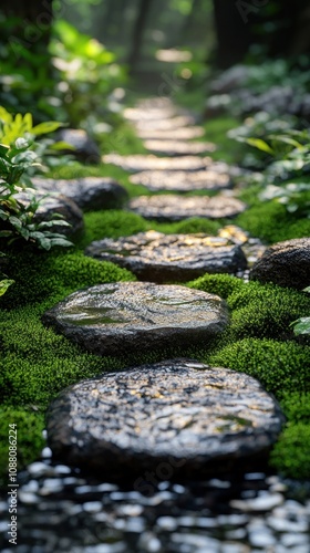 Serene stone path through lush greenery in a tranquil setting.