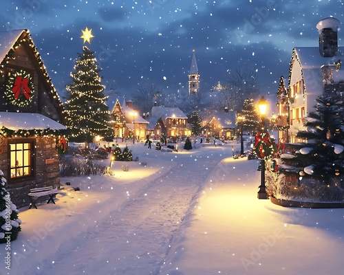 Traditional snowy village scene with cheerful Christmas decor and glowing streetlights