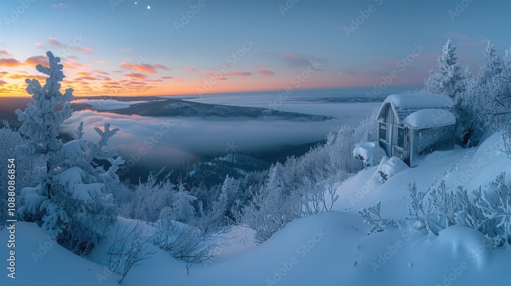 Snowy mountain cabin sunrise panorama with fog. Snowy mountain cabin sunrise panorama with fog.