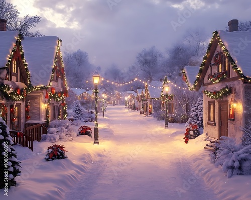 Traditional snowy village scene with cheerful Christmas decor and glowing streetlights