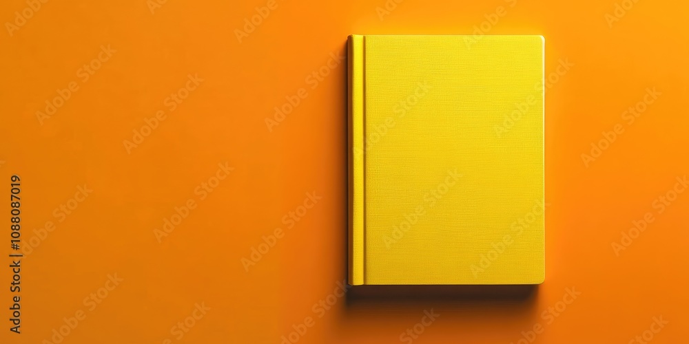 Top view of a large book with a yellow cover set against an orange background. Top view of a large book with a yellow cover set against an orange background.