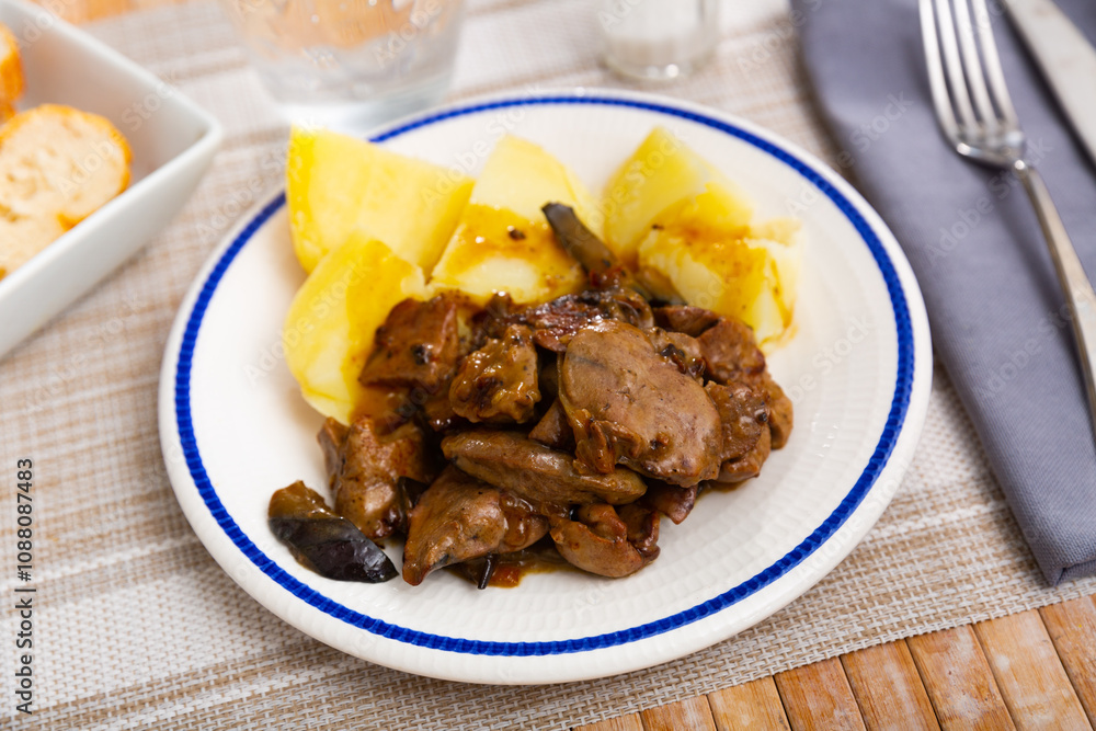 Healthy delicious dinner of roasted chicken liver with onion and garnish of baked potatoes.. Healthy delicious dinner of roasted chicken liver with onion and garnish of baked potatoes..