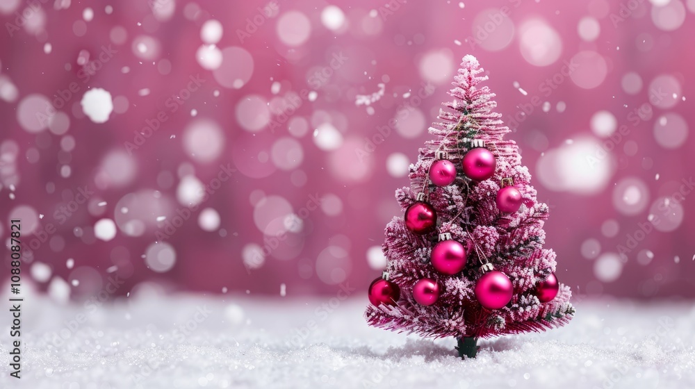 Obraz premium Miniature pink Christmas tree with snow backdrop.