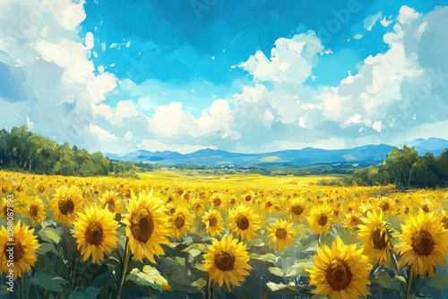 A picturesque field of vibrant yellow sunflowers stretches out beneath a bright blue sky with puffy white clouds.