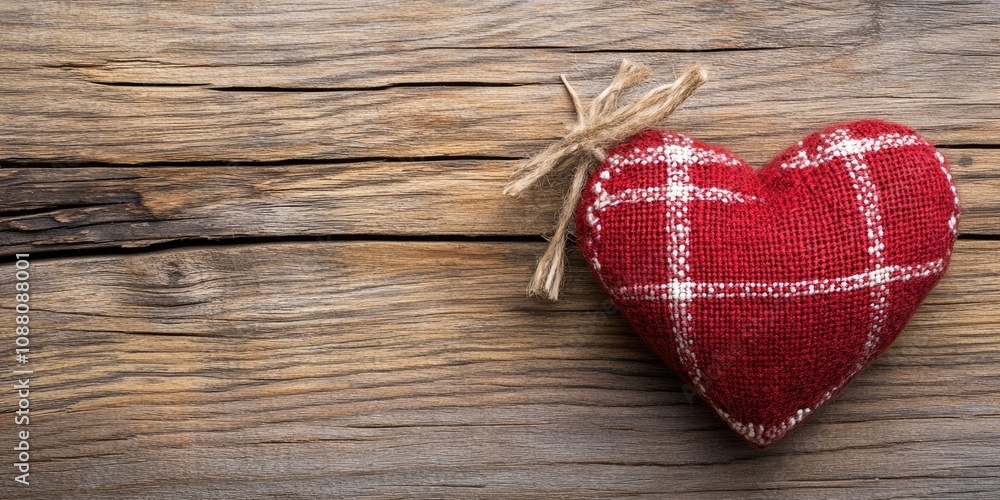 Fabric Heart on Brown Wooden Background Fabric Heart on Brown Wooden Background