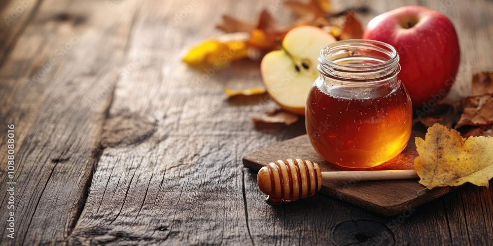 High angle view of a honey dipper resting on a jar of honey and an apple on a wooden table, with copy space. Unchanged, sweet food, fruit, healthy food, and autumn season concept. High angle view of a honey dipper resting on a jar of honey and an apple on a wooden table, with copy space. Unchanged, sweet food, fruit, healthy food, and autumn season concept.