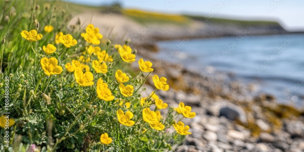 Obraz premium Yellow flowers along the shoreline. (Tribulus terrestris Linn.)