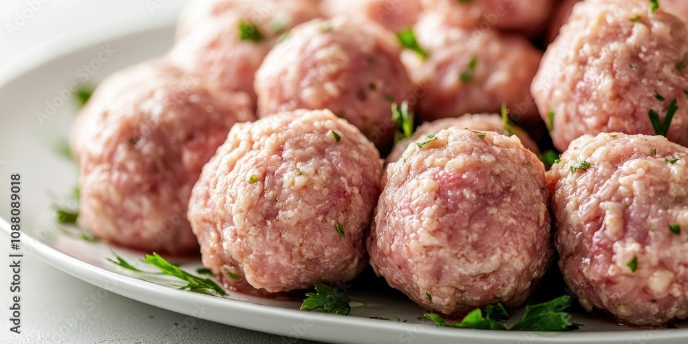A close-up of a pile of raw pork cutlets, with space available for text. Raw meatballs for grilling or burgers on a white background, copy space. Ground pork. A close-up of a pile of raw pork cutlets, with space available for text. Raw meatballs for grilling or burgers on a white background, copy space. Ground pork.