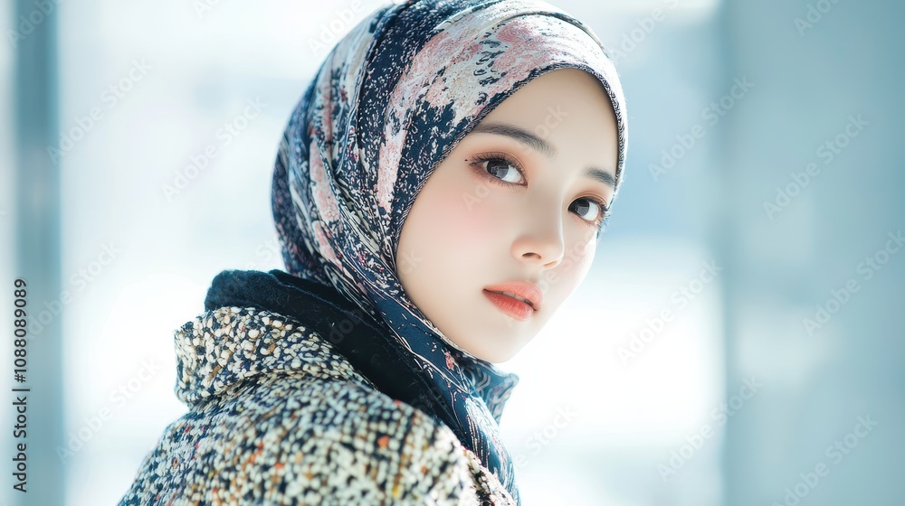 Young Woman Wearing Stylish Headscarf and Jacket Young Woman Wearing Stylish Headscarf and Jacket
