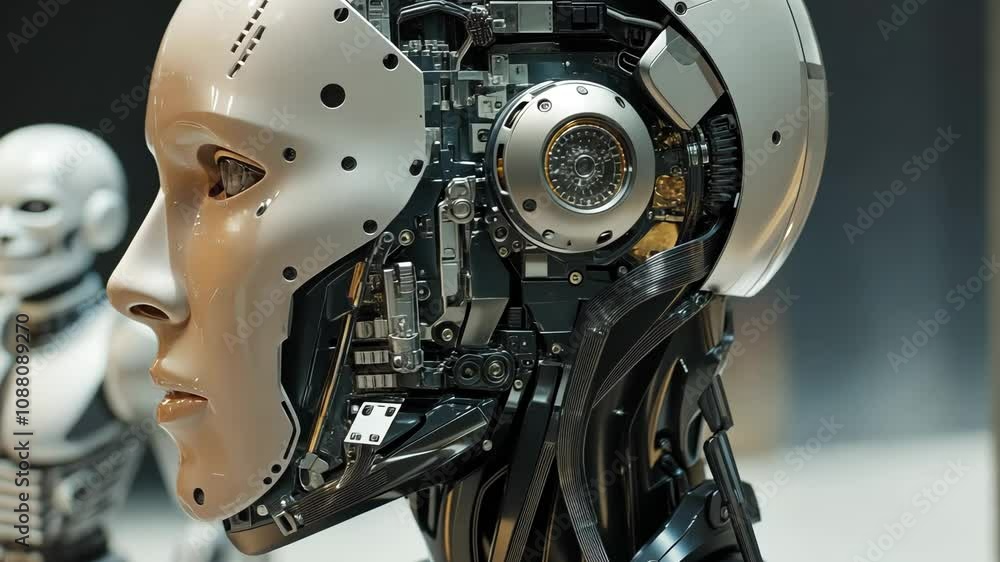 A robot head with a face and a pair of headphones. The robot is white and has a metallic look A robot head with a face and a pair of headphones. The robot is white and has a metallic look