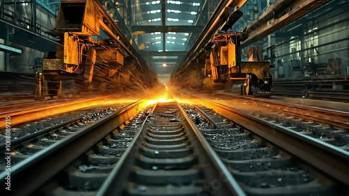 A close-up view of railway tracks in an industrial setting, illuminated by sparks from machinery, highlighting the manufacturing process and infrastructure.