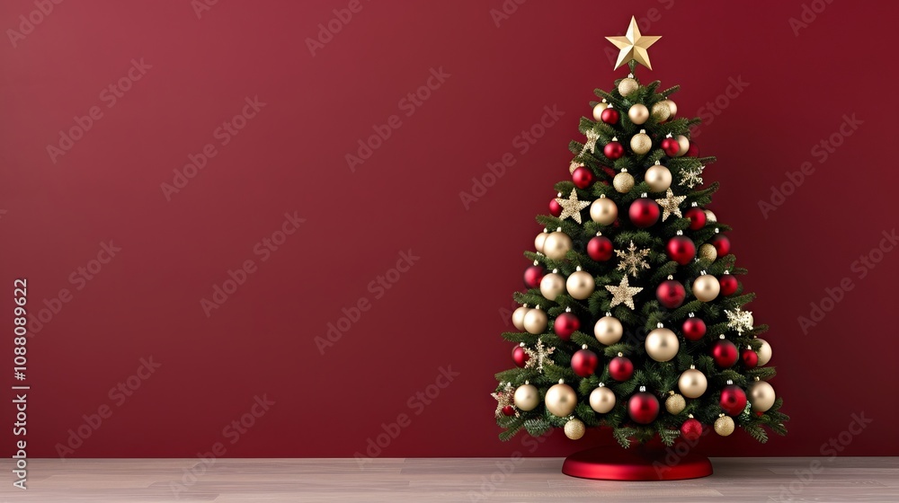 Festively decorated Christmas tree against a red wall. Festively decorated Christmas tree against a red wall.