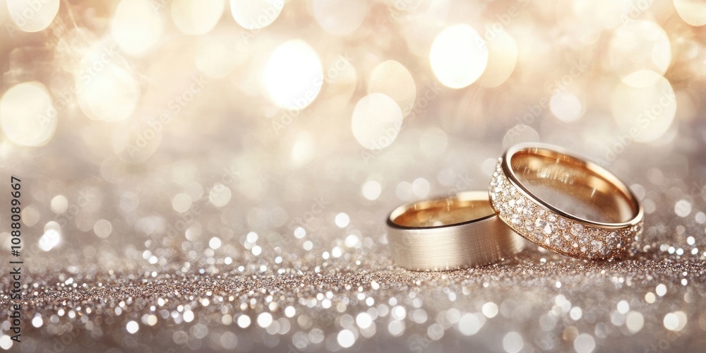 Designer wedding rings in the corner on a shimmering glitter background in panoramic banner style, featuring copy space and selective focus. Designer wedding rings in the corner on a shimmering glitter background in panoramic banner style, featuring copy space and selective focus.