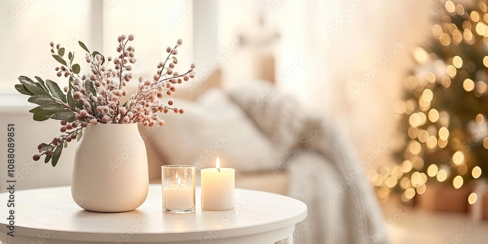 Cozy home, Scandinavian modern backdrop, round vase, candles. Interior decor with white walls. Copyspace. Christmas winter theme. Cozy home, Scandinavian modern backdrop, round vase, candles. Interior decor with white walls. Copyspace. Christmas winter theme.