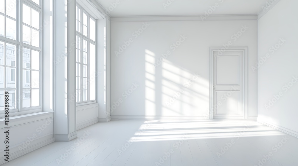 Sunlit empty room with large windows and white walls.
