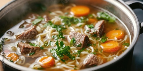 Clear soup with beef and noodles. Broth containing carrots, onions, and an assortment of fresh vegetables in a pot.