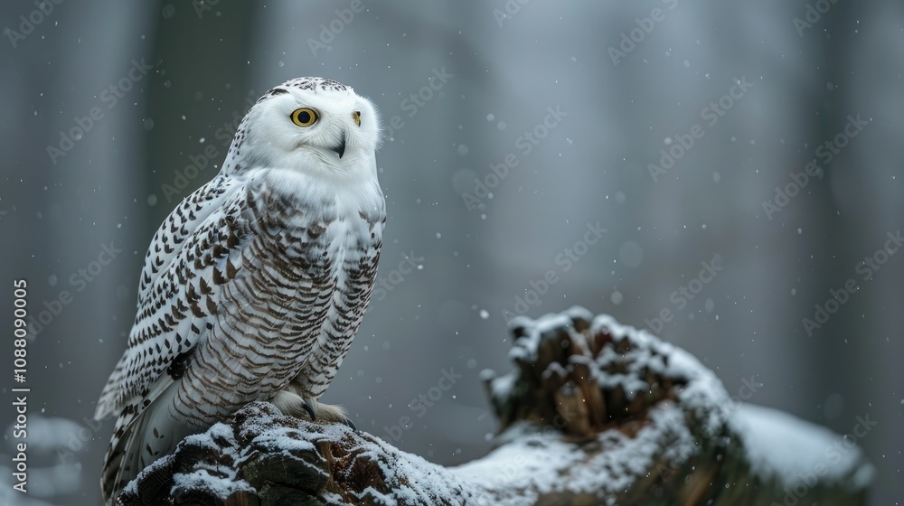 Snowy owl perched on snow-covered log in winter forest.