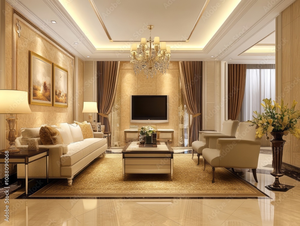 Fototapeta premium Elegant Living Room Interior Design With Gold Accents