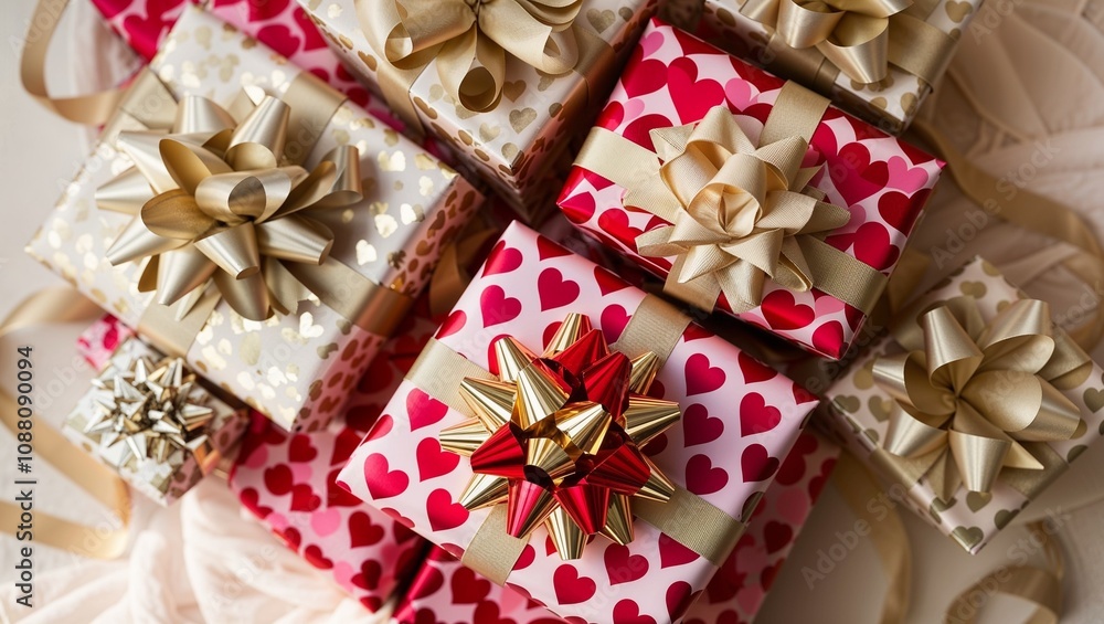 Festive gift boxes with heart-patterned wrapping and ribbon bows Festive gift boxes with heart-patterned wrapping and ribbon bows