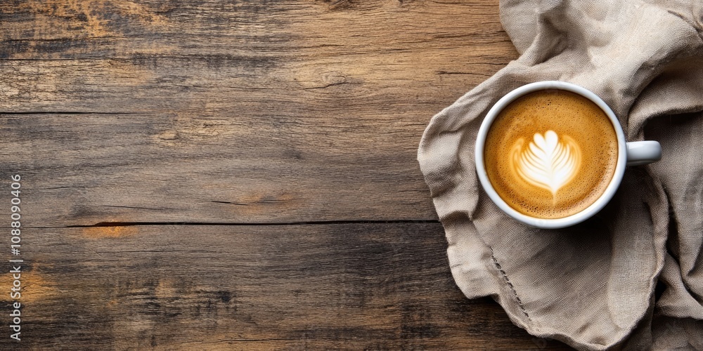 A cup of morning cappuccino on a rustic wooden table with copy space. A cup of morning cappuccino on a rustic wooden table with copy space.