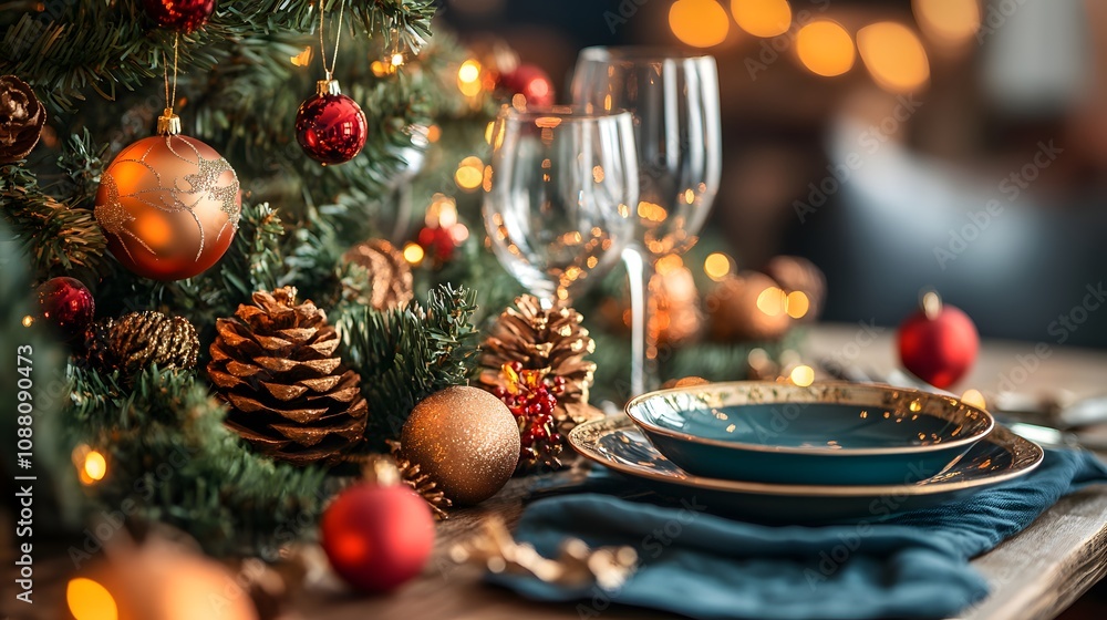 Festive table setting with sparkling decor and pine tree ornaments. Festive table setting with sparkling decor and pine tree ornaments.