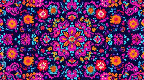 Vibrant floral pattern with bold colors on a dark background.