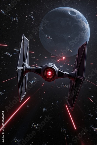 Futuristic Space Battle with TIE Fighters in a Starry Sky