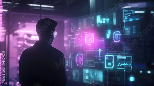 A man in a dark room  wearing glasses  looks at a holographic screen displaying data and information.