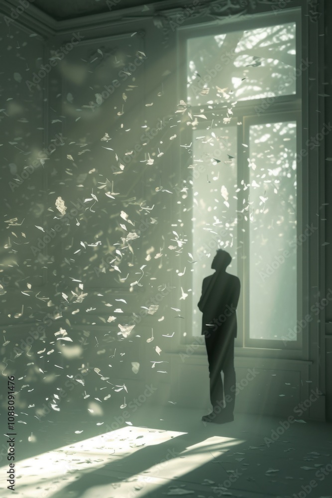 Fototapeta premium A man stands next to a window where light enters with some particles